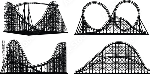 Roller coaster silhouette vector collection with looping tracks, amusement park thrill ride illustration, funfair entertainment structure design for graphic artwork