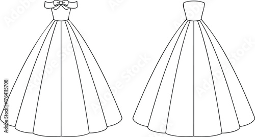 Elegant ball gown fashion sketch, wedding dress illustration, strapless and off‑shoulder design, formal evening wear, couture silhouette drawing