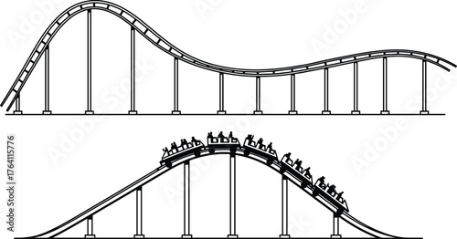 Roller coaster track with riders on thrilling descent, amusement park attraction, fun adventure ride, speed, excitement, entertainment, outdoor recreation, adrenaline