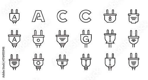 Black and white vector icons of different electrical plugs design elements