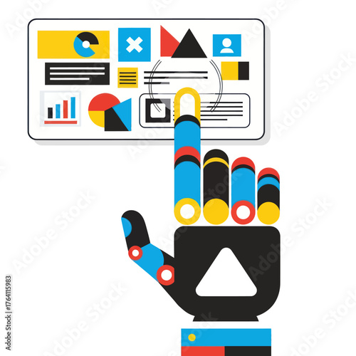 Robotic hand interacting with a futuristic digital data dashboard.