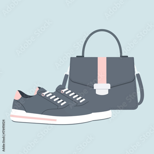 Stylish grey sneaker and matching handbag fashion accessory set.