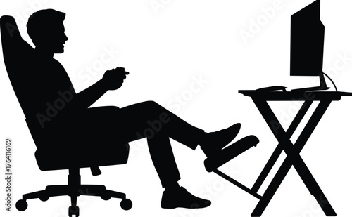 Gamer silhouette illustration, office chair vector, computer desk artwork, video game controller drawing, home gaming setup design, digital lifestyle graphic, modern workspace