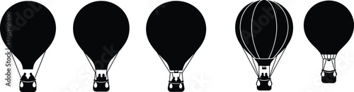 Silhouette collection of hot air balloons flying in sky, adventure travel, air transport, tourism concept, aerostat vector illustration