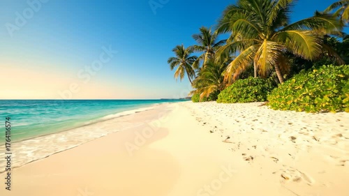 Serene Tropical Beach with White Sand and Lush Green Palm Trees