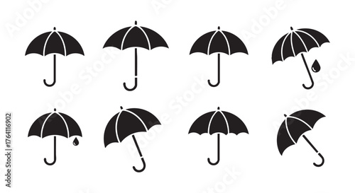 Black umbrellas icons set on white background for weather protection