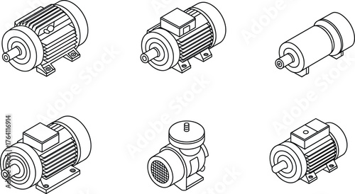 Isometric electric motor illustration, industrial machinery design, engineering equipment vector, mechanical component drawing, factory automation part, technical motor diagram, power device artwork