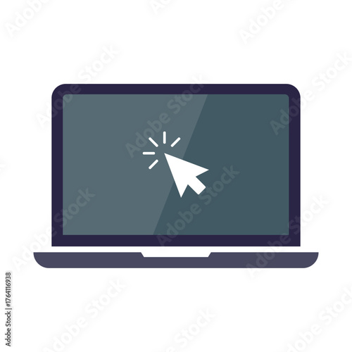 Laptop with mouse cursor icon. Notebook screen showing pointer click on white background