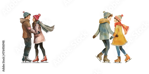 couple ice skating watercolor vector illustration