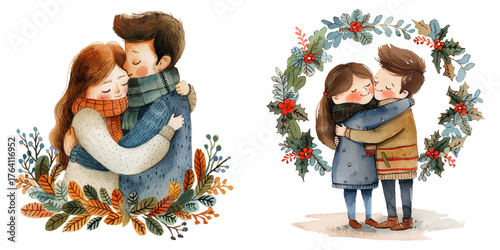 couple hugging with wreath watercolor vector illustration