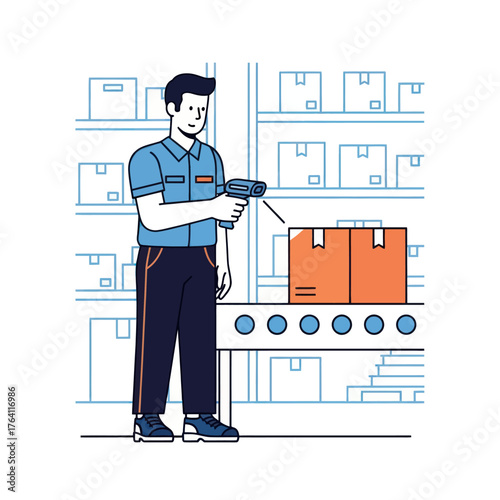Warehouse Worker Scanning a Package on a Conveyor Belt.