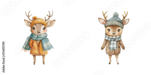 cute deer wearing winter clothes watercolor vector illustration