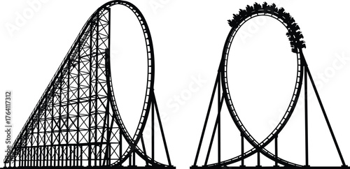 Tall roller coaster with giant vertical loop and riders in motion, thrilling amusement park attraction, adventure ride, speed, excitement, outdoor entertainment