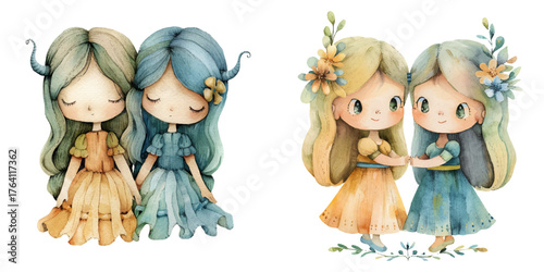 cute gemini zodiac watercolor vector illustration