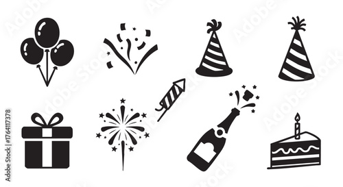 Celebration icons set featuring balloons confetti gift box and fireworks
