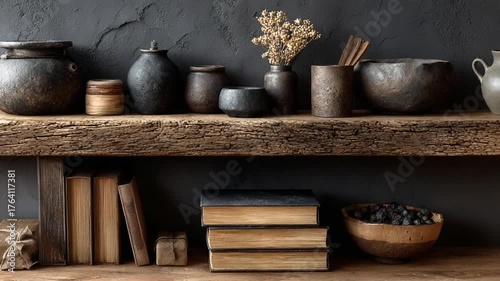 Rustic shelf display with pottery, books, and decor