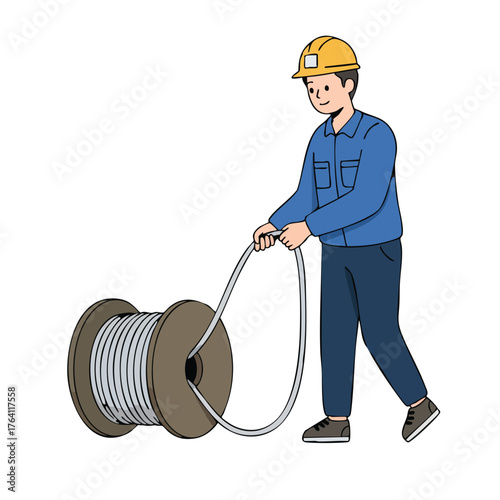 Construction worker pulling a large cable spool.
