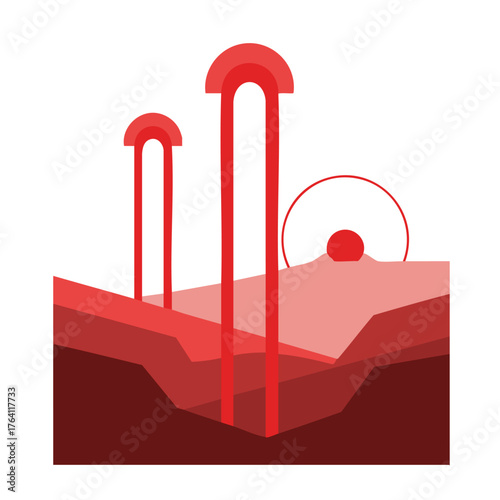 Geothermal energy extraction with steam rising from the earth.