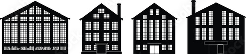 Traditional European house facades, vintage building silhouettes, black and white architectural vector, classic old town homes, historical urban street design