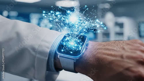 Futuristic smartwatch on wrist with digital data display and light effects, in a medical setting