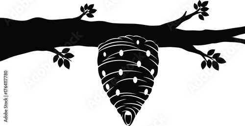 Black and white wasp nest hanging from tree branch illustration