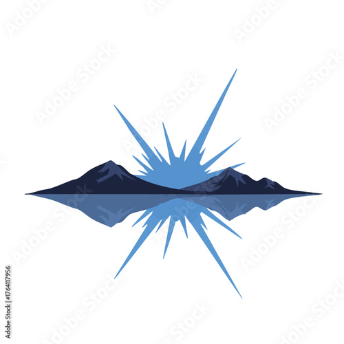 Abstract explosion of light over mountains reflected in water.