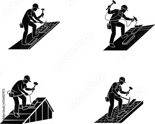 Roofing worker silhouettes set, construction labor hammering shingles, house repair vector illustration, black and white roof installation design artwork