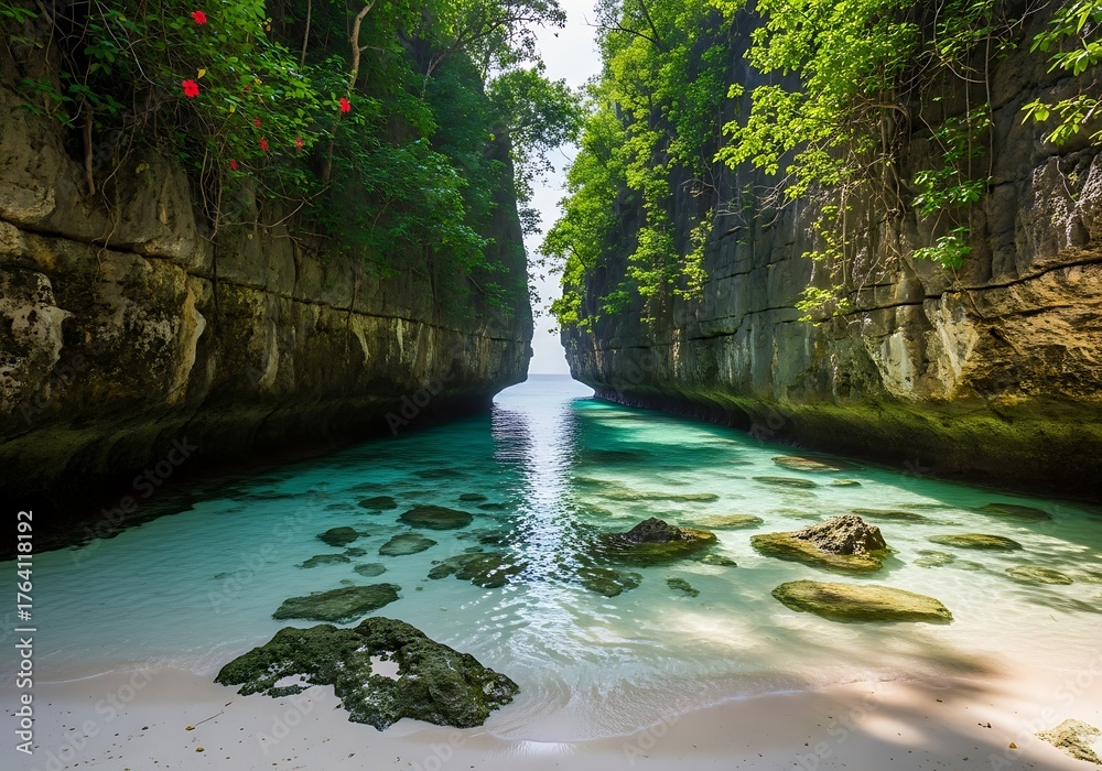 Naklejka premium A scenic view of a tropical beach with clear turquoise water flowing between rocky cliffs covered in lush green vegetation.