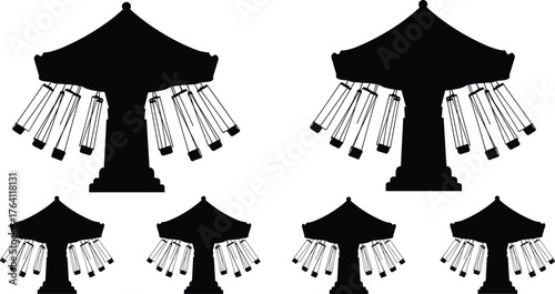 Vintage amusement park swing carousel silhouettes, retro fairground chair ride collection, classic carnival attraction vector, black spinning ride illustration design