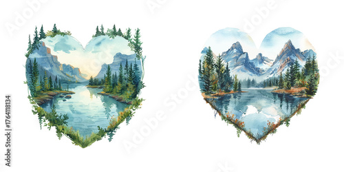 heart shape lake lanscape view watercolor vector illustration