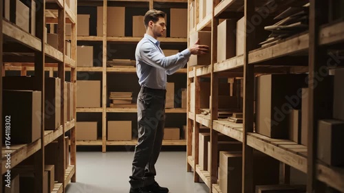 Man Carrying Box in Warehouse Among Cardboard Storage Containers