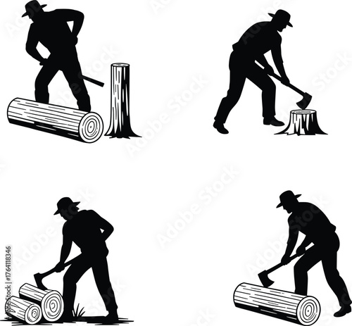 Silhouette man chopping wood with axe, lumberjack cutting logs, forestry worker outdoors, survival skill, rural lifestyle, hard labor illustration