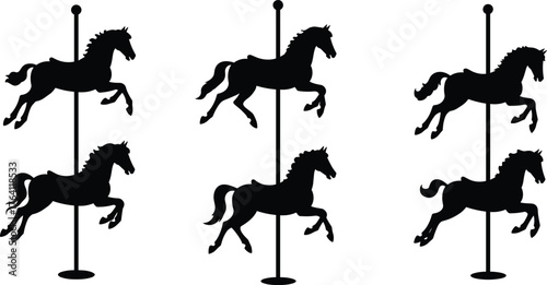 Vintage carousel horse silhouettes illustration, classic merry-go-round design, amusement park ride vector art, retro fairground attraction black graphic