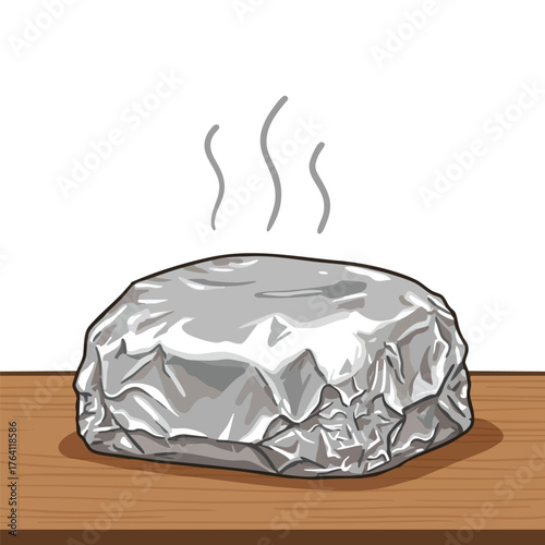 Steaming food wrapped in aluminum foil on a wooden table.