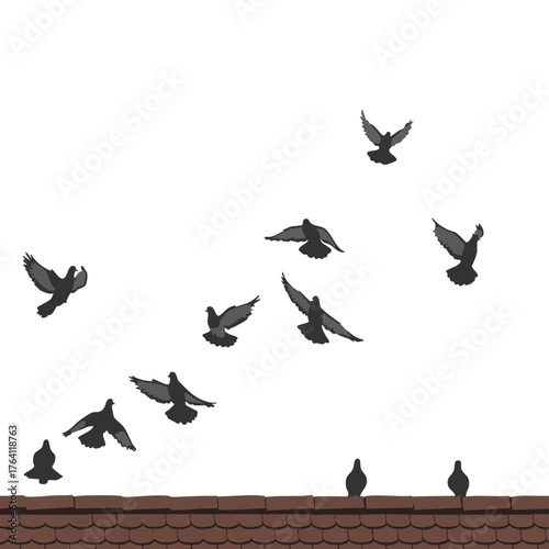 A Flock of Pigeons Takes Flight from a Rooftop.