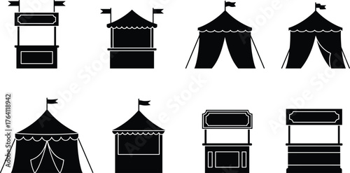 Vintage circus tent and fair booth silhouette collection, festival market stall vector illustration, carnival kiosk design, black icon set