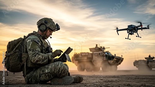 Modern warfare and technology concept, soldier operating a surveillance drone via tablet on a digital battlefield, with armored vehicles moving in the background during sunset