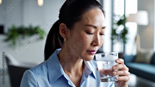 Tooth sensitivity, woman experiencing toothache and acute discomfort while drinking ice water, expressing the problem of sensitive teeth with a grimace