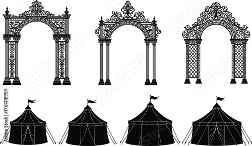 Vintage decorative arch and circus tent silhouette collection, festival entrance design, ornamental architecture vector illustration, black carnival element icons, celebration concept
