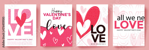 Romantic Valentine’s Day poster bundle showcasing heart-filled backgrounds, charming text, and warm colors, Perfect for cards, event invitations, and decorative displays.