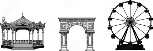 Vintage ferris wheel, classic architectural arch, ornate gazebo pavilion, black and white vector illustration, historical landmark and amusement park design