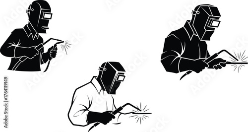 Welding worker silhouette with protective helmet and gloves, industrial fabrication sparks, metalwork safety training, manufacturing process, skilled labor illustration