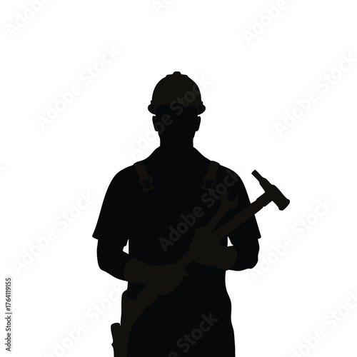 Silhouette of a construction worker holding a hammer.