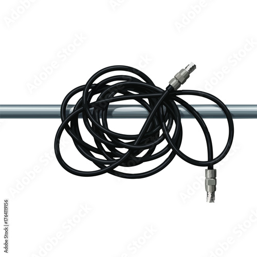 Black coiled cable with metal connectors attached to a metal pole.