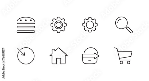 Minimalist line icon set featuring burger gear download and home symbols