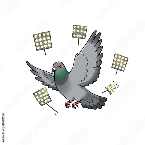 Pigeon flying with spotlights around it.