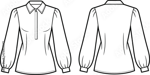 Women’s blouse technical fashion flat, puff sleeve shirt design, front and back view, garment construction sketch, apparel pattern illustration
