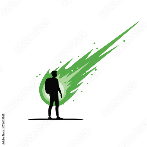 Silhouette of a person with a backpack watching a green meteor shower.