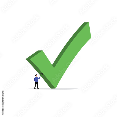 Man drawing a large green checkmark on a white background.