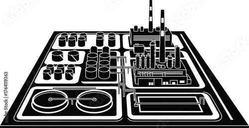 Industrial plant factory illustration black and white graphic